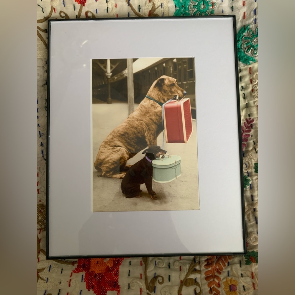 Vintage framed card of two good doggies waiting for the train